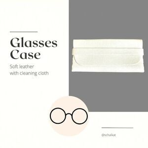 Glasses Case fits many sizes. White Leather. Soft Interior. With Cleaning Cloth